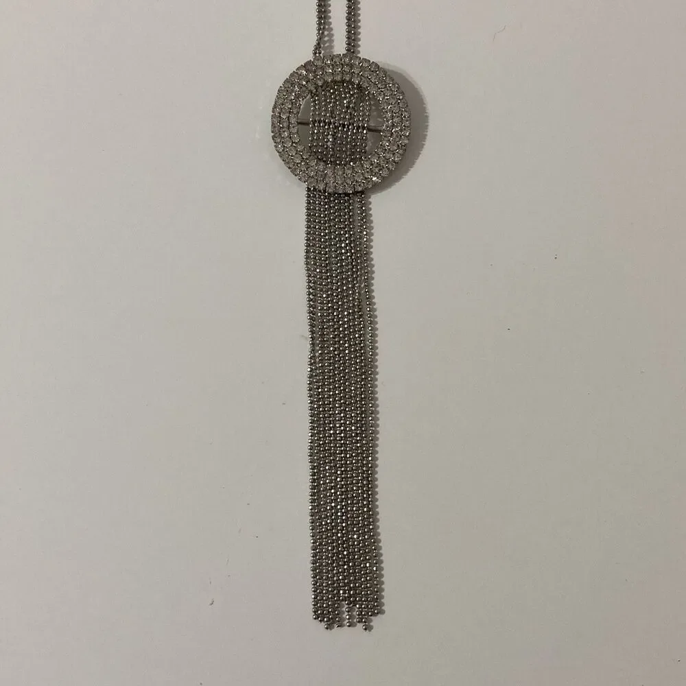 Silver Tone Long Round Circular Rhinestone Tassel Pendant Chain Necklace